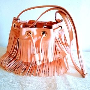Amazing! Large Faux Leather  Pink Fringe  Crossbody Bucket Purse!